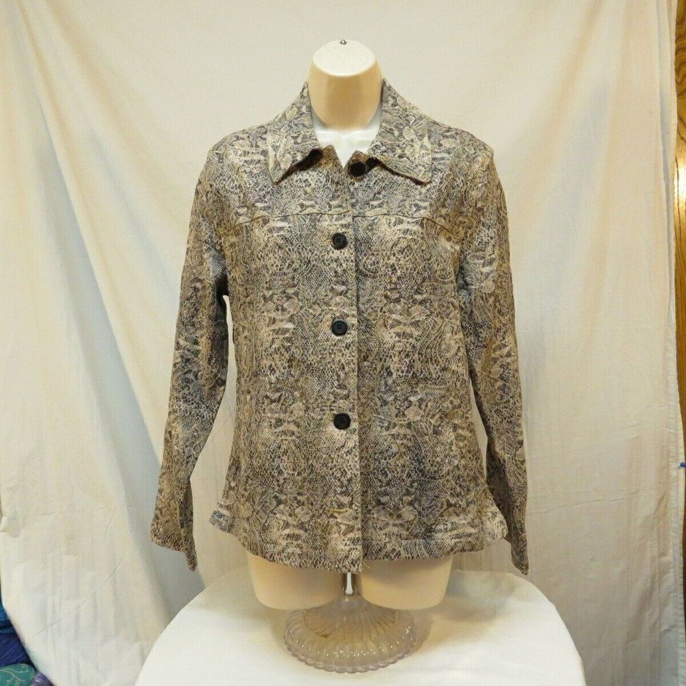 Rebecca Malone Snakeskin Print Jacket Button Down Long Sleeve Neutral Size L